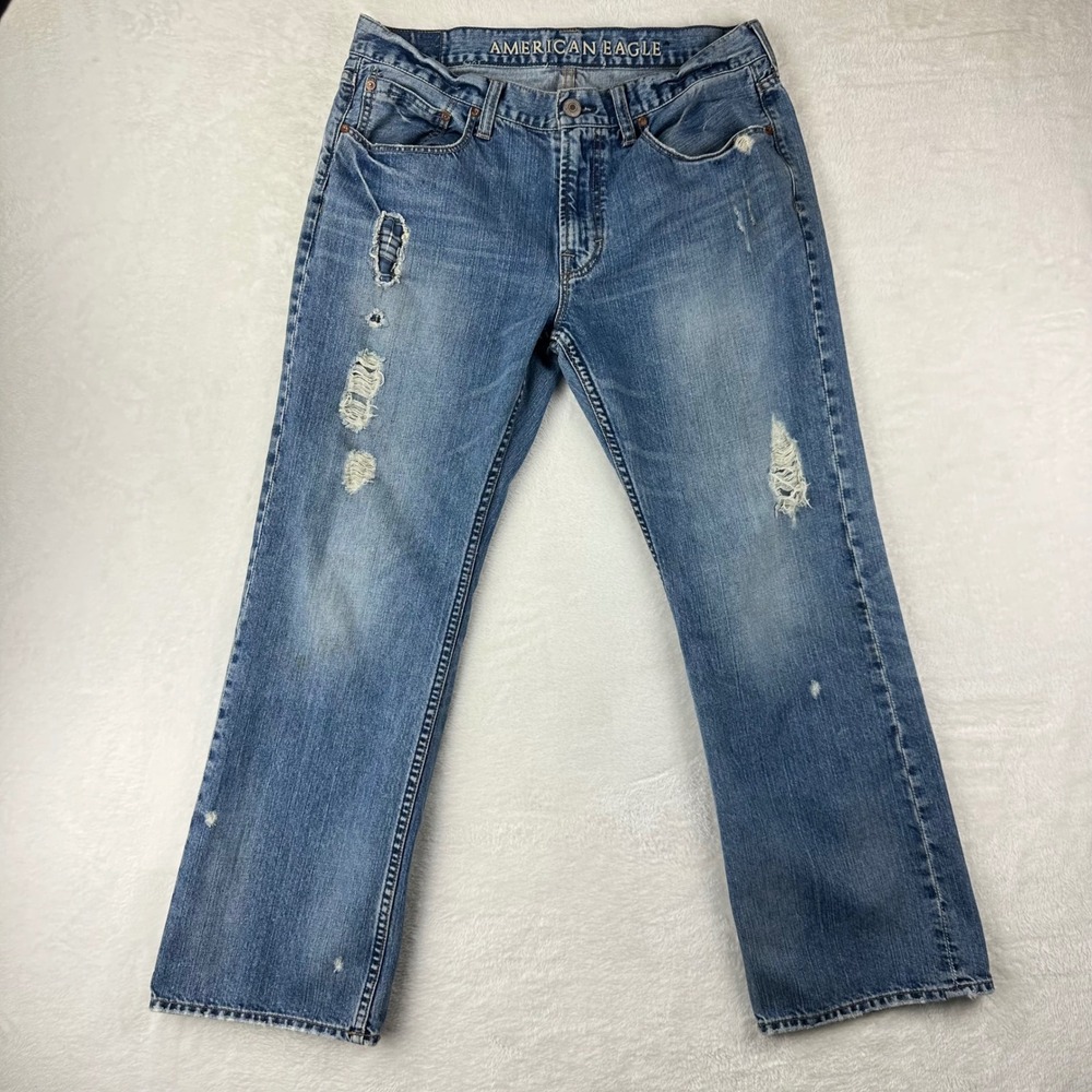 American Eagle Jeans Mens Low Rise Boot 34x30 Blue Distressed Denim Stained